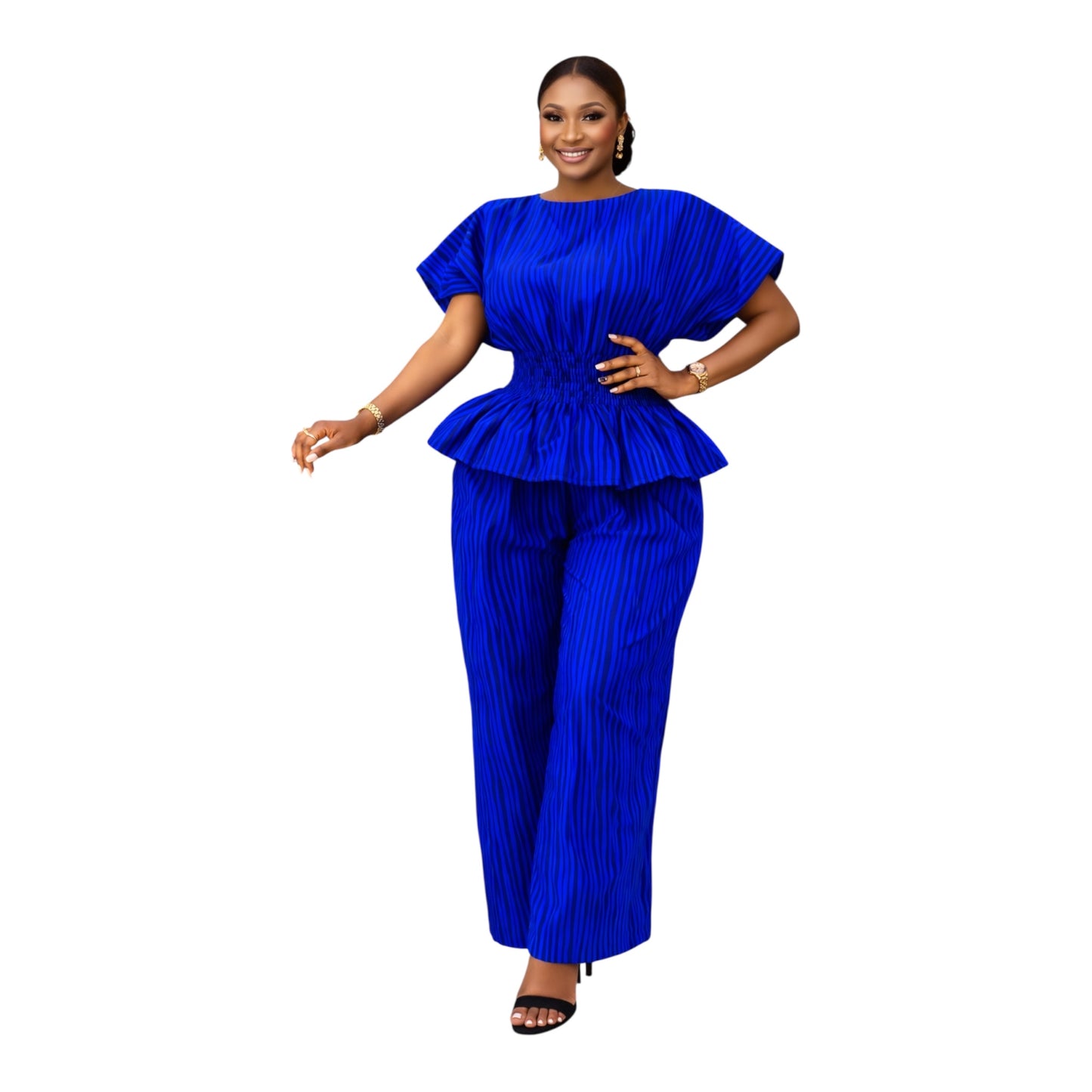 Crescenza Elegant Peplum Top With Smoke Waist and Pant Trouser