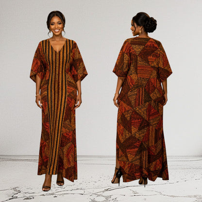 CC Stone Ankara Long Dress Designed With Aso Oke