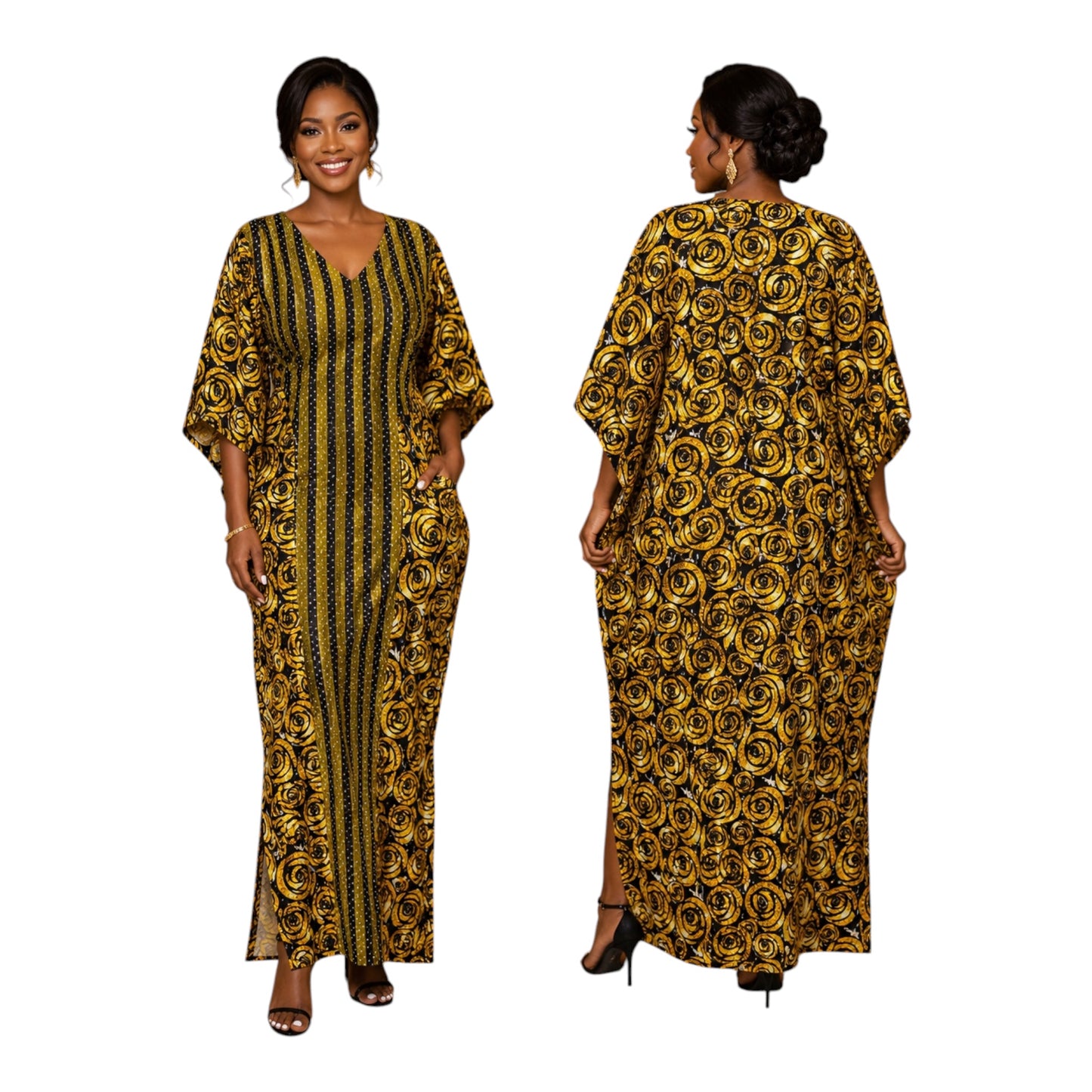 CC Stone Ankara Long Dress Designed With Aso Oke
