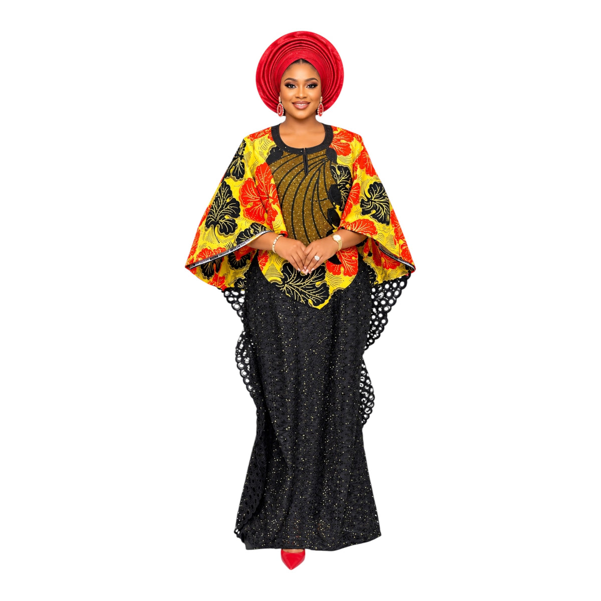 CRZ Elegant Women's Ankara and Dry Lace Bubu Embellished With Rhinestones