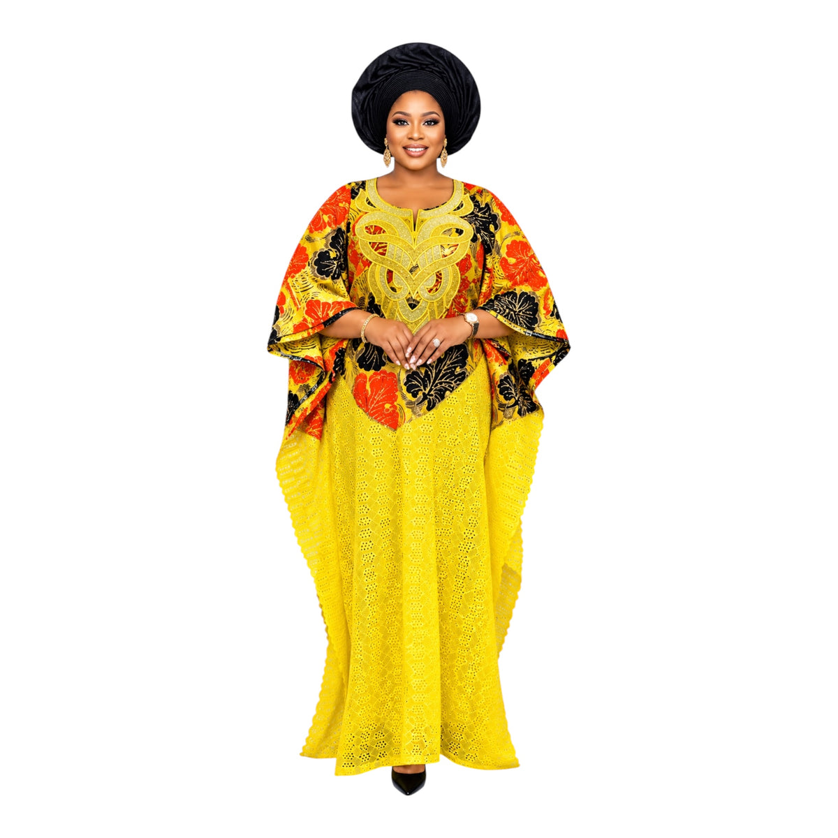 CRZ Elegant Women's Ankara and Dry Lace Bubu Embellished With Rhinestones