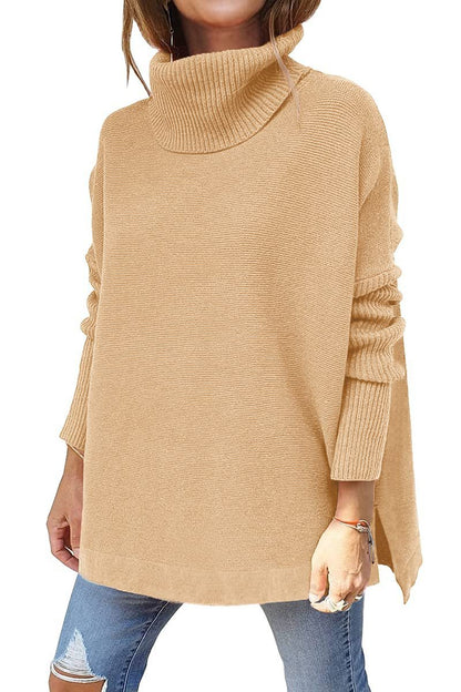 Turtleneck Sweater Mid Length Batwing Sleeve Slit Hem Tunic Pullover Sweaters Winter Tops Women Clothing