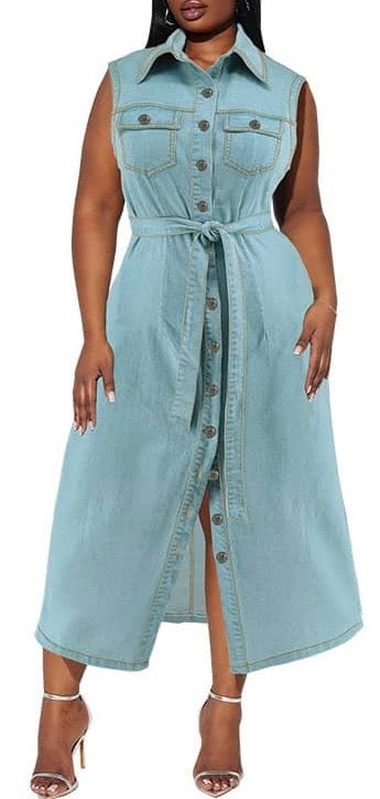 Sleeveless Jeans Gown with Front Buttons