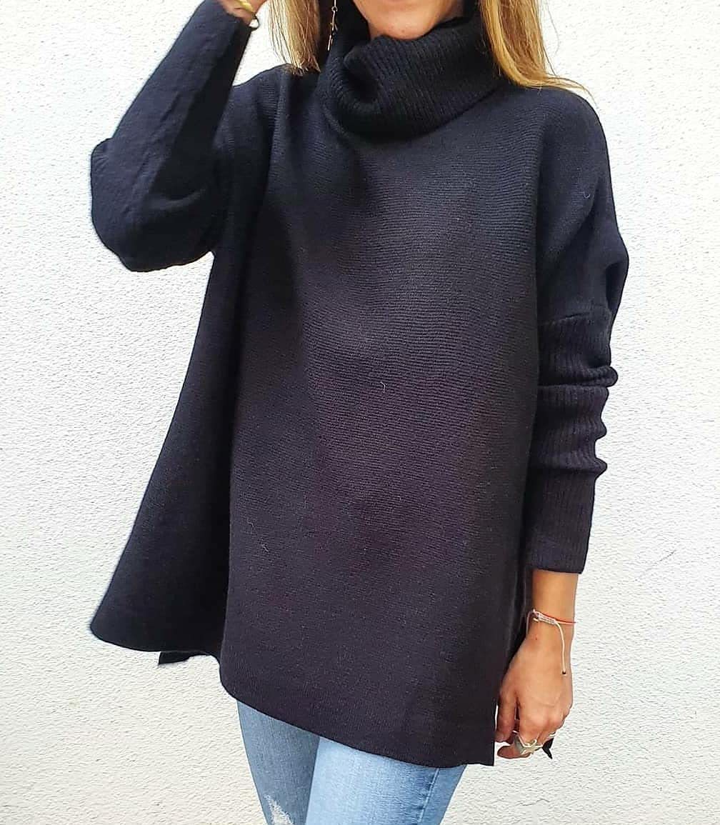 Turtleneck Sweater Mid Length Batwing Sleeve Slit Hem Tunic Pullover Sweaters Winter Tops Women Clothing