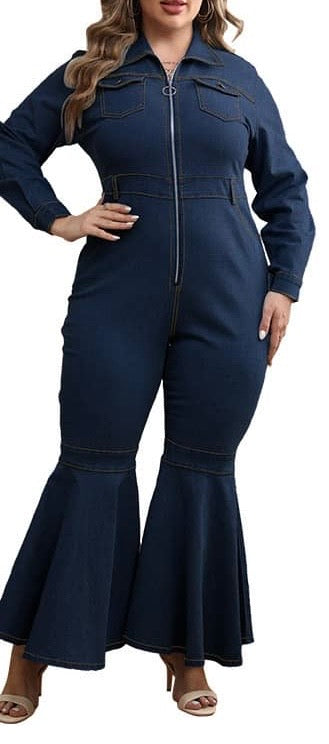 Long Sleeve Female Jeans Jump Suit With Front Zip