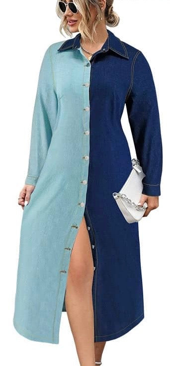 Long Sleeve Below Two Colors Jeans Gown