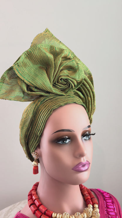 Green and Gold Aso Oke Auto Gele