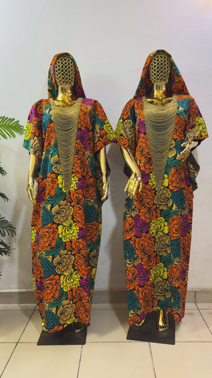 CRZ 60 Inches Long Ankara Dress Embellished With Rhinestones and Beads