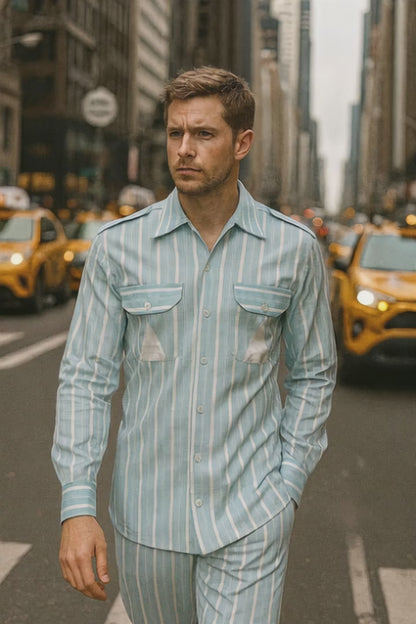 Skyline Stripes Men's 2-Piece Set Shirt and Pant Trouser with Classic Striped Design and Front Pockets Collared Neck Formal & Casual Wear