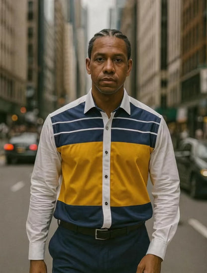 Fassonable Yellow Blue and White Pattern Long Sleeve Men's Shirt with Colorblock Design and Button Details