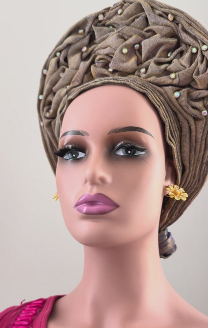 Gold and Blue Shad Aso Oke Auto Gele