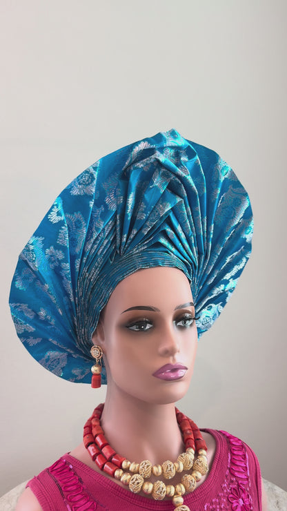 Elegant Turquoise Blue Sego Auto Gele