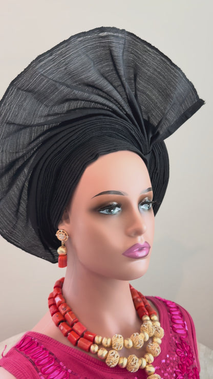 Elegant Black Aso Oke Auto Gele